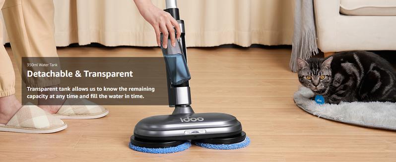 iDOO Dual-Motor Spin Electric Mop with Sprayer & LED Headlight, Cordless Floor Cleaner with Transparent Water Tank & Replacement Cloth, Durable
