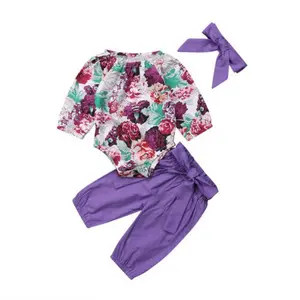 Newborn Baby Girls Long Sleeve Flower Print Romper + Solid Color Pants+ Bow Hairband 3PCS Outfits Clothes