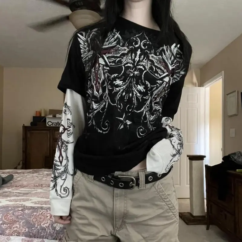 New styleE-Gothic Grpahics Print T Shirt Vintage Grunge Mall Goth Pullovers Patchwork Long Sleeve Tees Y2K Dark Academia Clothes
