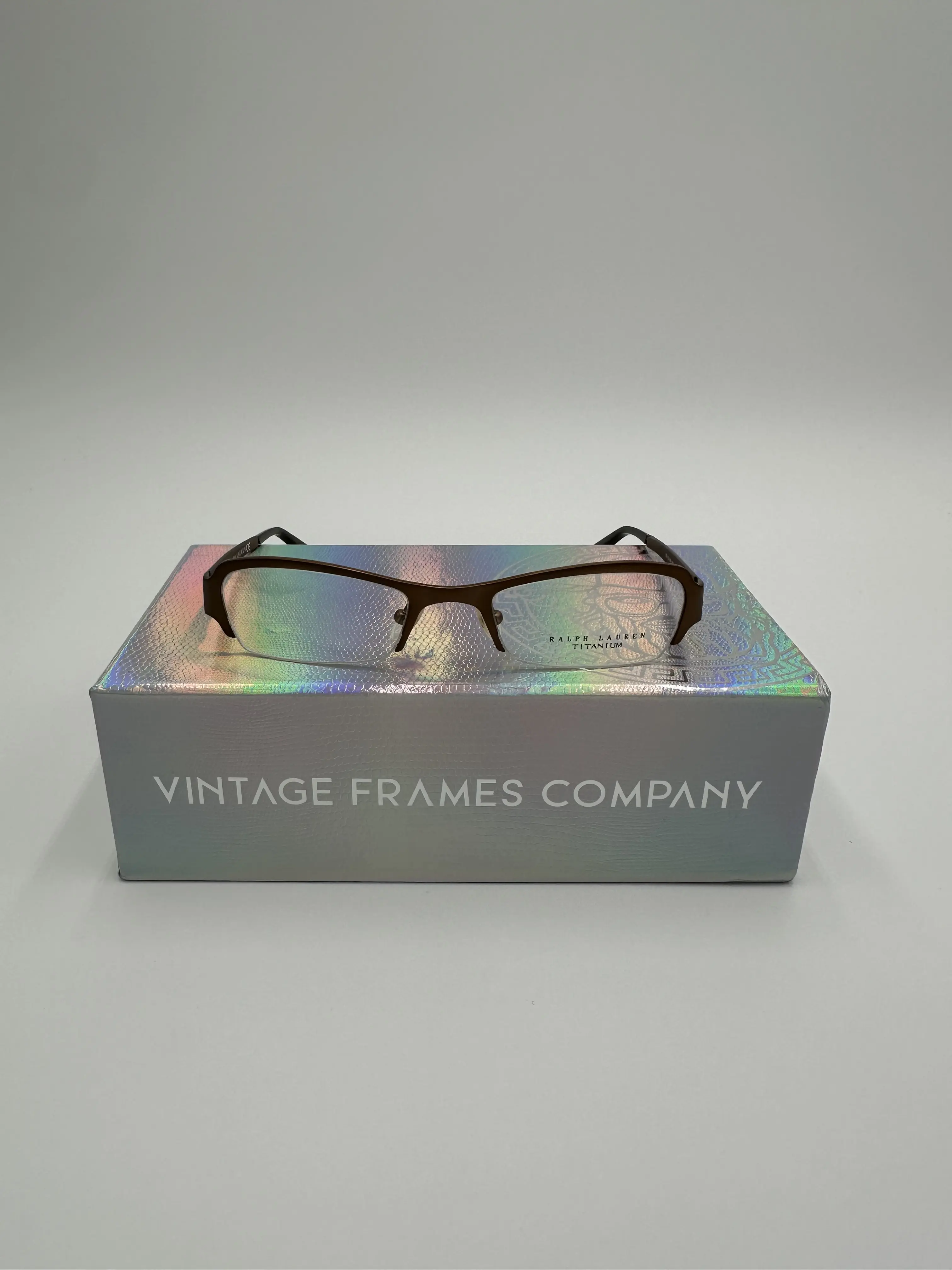 Pre-owned Ralph Lauren Sleek Titanium Half Rim Rectangular Eyeglasses Classic Early 2000s Style, Dark Metallic Finish, With No Holographic Iridescent Display Box, Vintage