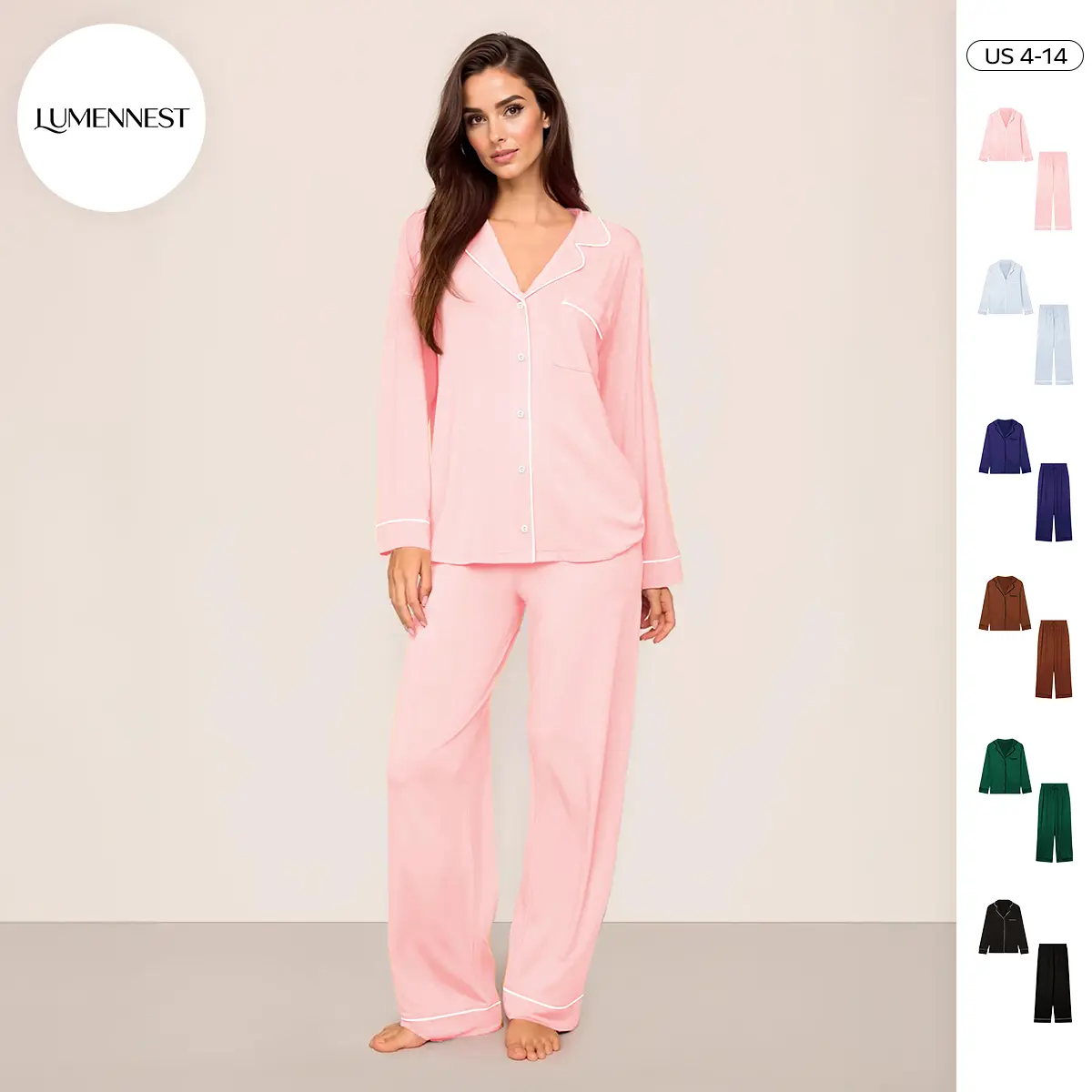 LUMENNEST Women's Basic Color Matching Trim Button-Up Long Sleeve