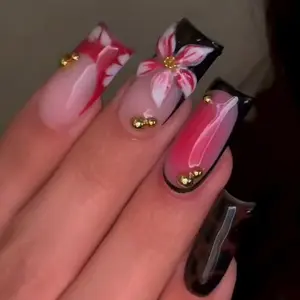 24pcs Long Square French Nail Set with Flower Pearl Design, Includes Jelly Glue and Nail File, Easy Wear for Parties and Daily Use, Nail Extension Kit