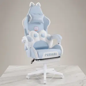 Cute Cat Ear Gaming Chair Ergonomic Reclining PC Chair with Cat Paw Lumbar Support Headrest Footrest Height Adjustable Swivel Comfort Game Seat Stylish Home Halloween Decor Furniture for Girls Game Room