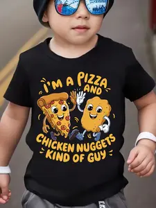 Boys' Summer T-Shirt B-DX5505, Pizza & Chicken Nuggets Print, High-five Cartoon Graphic