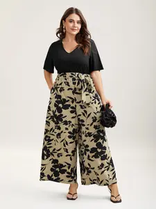 【Summer Turn-Up】BlOOMCHIC Plus Size Floral Print Spliced Belted Wide-Leg Jumpsuit [M-6X] 2026 Summer Pick for Mother's Day