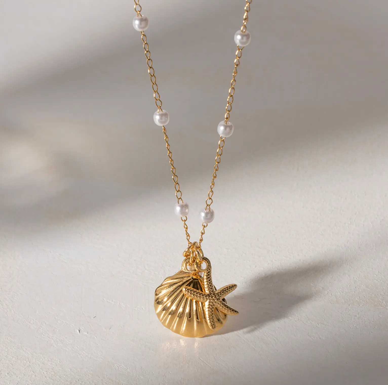 Pearl Sea Shell Necklace Gold Plated with Starfish Charm for Women's Fashion Jewelry