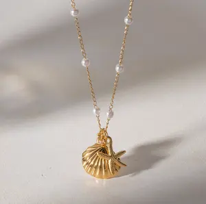Pearl Sea Shell Necklace Gold Plated with Starfish Charm for Women's Fashion Jewelry