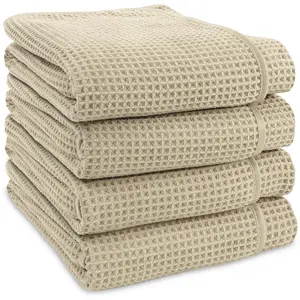AURA by S&T INC. Waffle Bath Towels, 4 Pack, 30x60 Inches, Tan, Absorbent Microfiber, Satin Trim, Child-Friendly, Versatile for Bathroom & Pool