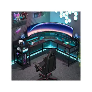 outstanding quality  Tribesigns Gaming Power Outlets LED Strips L Shaped Storage Shees Corner Computer With Monitor Stand Black Modern Writing Desk Home Office