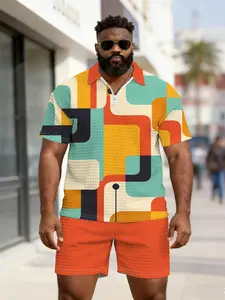 Men's Retro Colorblock Geometric Waffle Texture Polo Set, Plus Size Zipper Top, Summer Fashion Casual Daily Wear