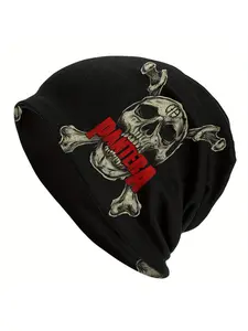 BIIHUDU Men's Skull & Crossbones Beanie Hat - Black Punk Rock Style with Red PANTERA Text, Funky Edgy Design for Bold Fashion Statements, Punk Accessories, Casual Headwear, Bandana Style Cap, Comfortable Headgear, Winter Skull Cap