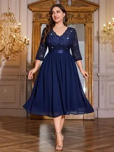 MISSMAY P25532A Plus V Neck Sequin Floral Lace Contrast Ruffle Chiffon Hem Formal Evening Party Swing Dress, Elegant Prom Wedding Guest Gown, For Graduation, Dinner, Homecoming