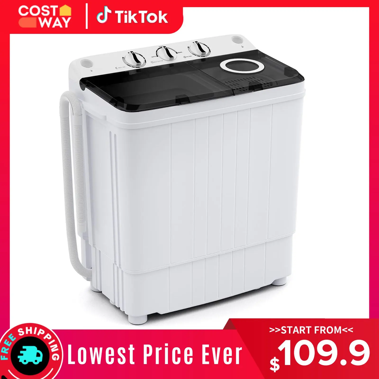 COSTWAY Portable Washing Machine, 13/20/26lbs Mini Twin Tub Washing Machine w/Drain Pump, Semi Automatic Compact Washer & Sipnner, Portable Washer Dryer Combo for Apartments Dorms RV Camping,4th of july decor, dad gift