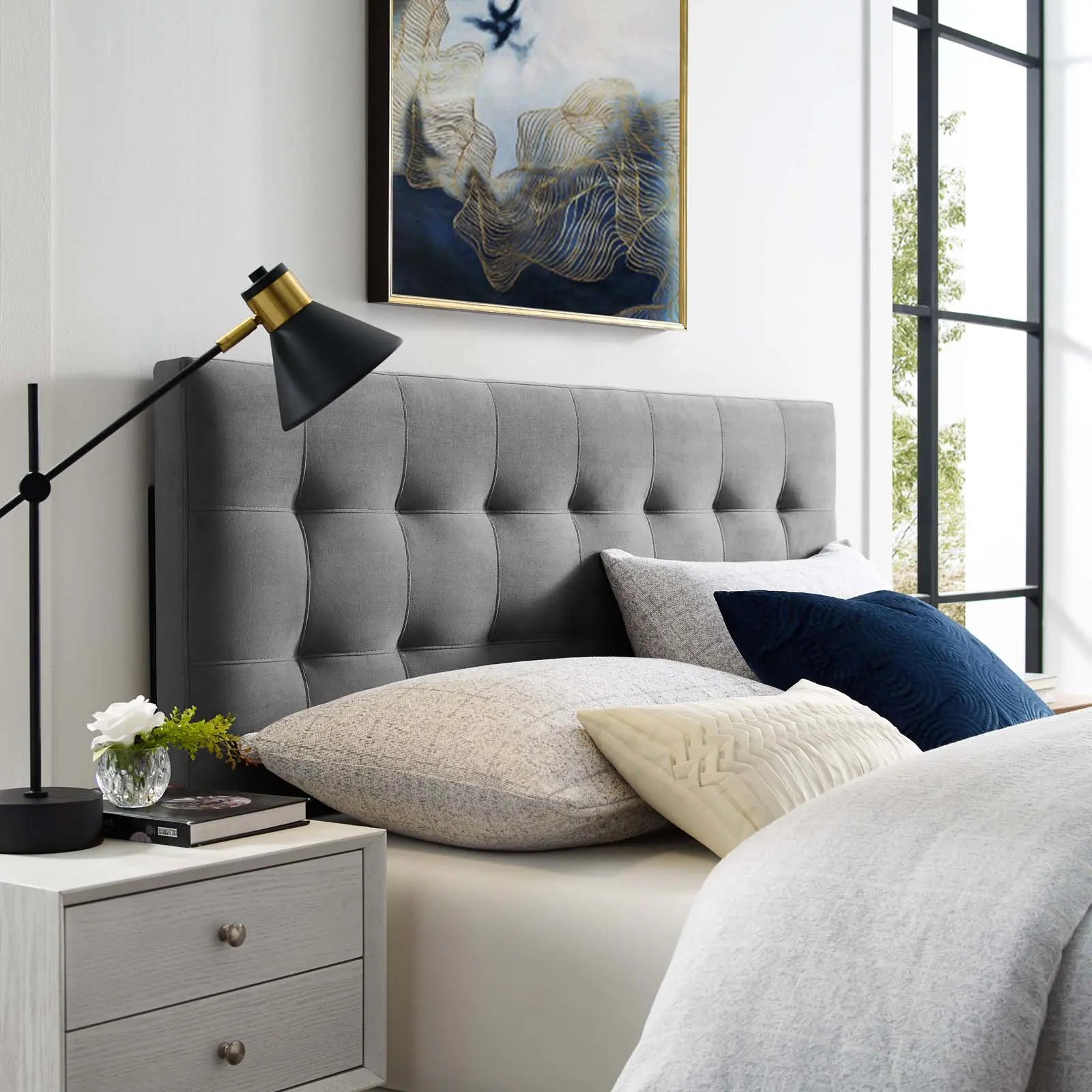 Modway Lily Full Bed Headboard, Plush Tufted Biscuit Design, Performance Velvet, Adjustable Height, Gray - Vintage Glamour Bedroom Decor, Mountable