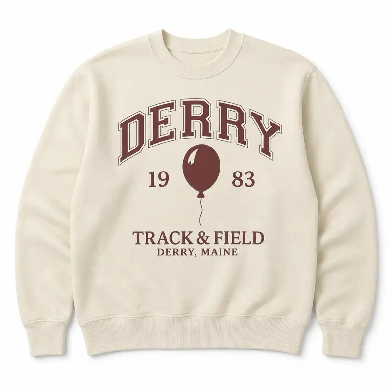 Derry Maine Track & Field 1983 Crewneck Sweatshirt, Vintage Collegiate Varsity Graphic Pullover, Garment Dyed Heavyweight Fall Sweatshirt for Men and Women