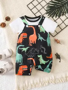 Newborn Baby Two-Piece Romper Set, Cute Dinosaur Print Short Sleeve Onesie, Unisex Toddler, Comfortable and Adorable