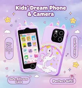 Unicorn & Dinosaur Kids' First Smart Phone, 4.0" IPS Dual Camera Toy with 50+ STEM Games, Food-Grade Silicone Case, Portable Music Player Educational Gift for Ages 3-9