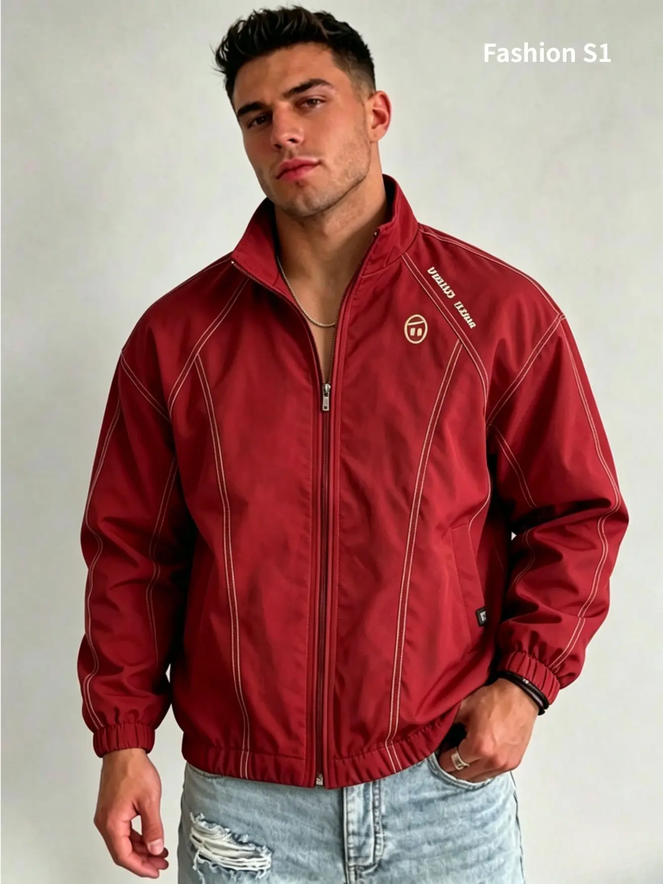 Menswear Long-Sleeve Stand-Collar Zip-Up Jacket - Contrast Piping, Stylish Plain Loose-Fit Casual Coat, Longsleeves