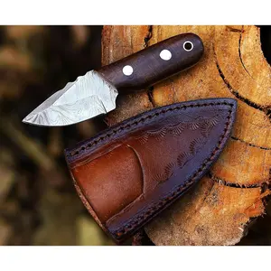 Handmade Damascus Hunting EDC Camping Deer Knife - Full Tang Fixed blade Mini Pocket Cowboy Neck knife for Bushcraft, Camping and Skining with leather sheath Holster - Predator Hunter Viking Blade - Ideal Viking Gift for Men
