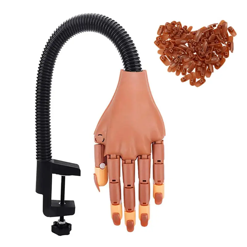 Magnetic Practice Hand for Acrylic Nails Detachable Nail Hand for Beginner Flexible Bendable Fingers Clamp Stand for Desktop with 100 Pcs Refill Nail Tips