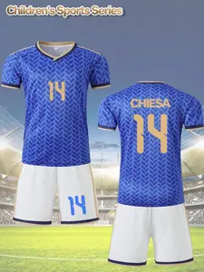 2-piece quick-drying football set for children and boys with blue leaf pattern, golden number 14 and name CHIESA, including a football jersey and moisture-wicking sweat shorts, suitable for training, matches and outdoor activities.