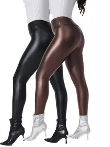 Women's Solid High Waist Sports Leggings, Casual Comfy Breathable Pu Leather Skinny Pants for Yoga Gym Workout, Ladies Sportswear for All Seasons