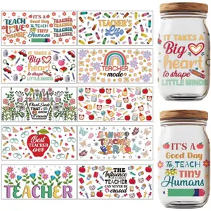 10 Sheets Teacher Appreciation UV DTF Cup Wraps, Best Teacher Ever UV Rub Transfer Stickers Thank You Teacher Gift Transfer Stickers for 16 Oz Glass Cups Milk Tea Cups Mugs Decor