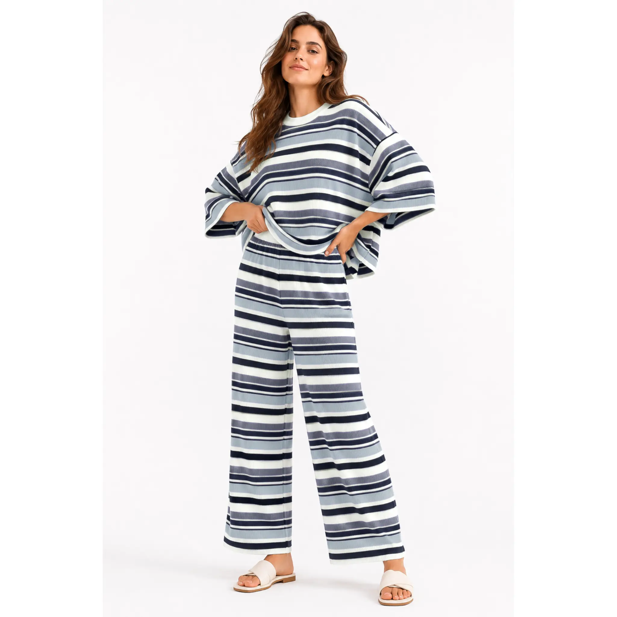 utcoco Women's Rainbow Striped 2-Piece Knit Outfit, Long Sleeve Loose Top and Wide Leg Pants Matching Suit, Soft Elastic Cozy Knit Tracksuit, Everyday Loose Fit Outfit with Relaxed Trousers, Women Rainbow Striped Two Piece Sweater Sets