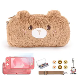 innoAura Fluffy Bear Switch Lite Case, 13 in 1 Switch Lite Accessories Bundle with Cute Switch Lite Carrying Case, Switch Lite Screen Protector, Switch Game Case, Switch Thumb Caps
