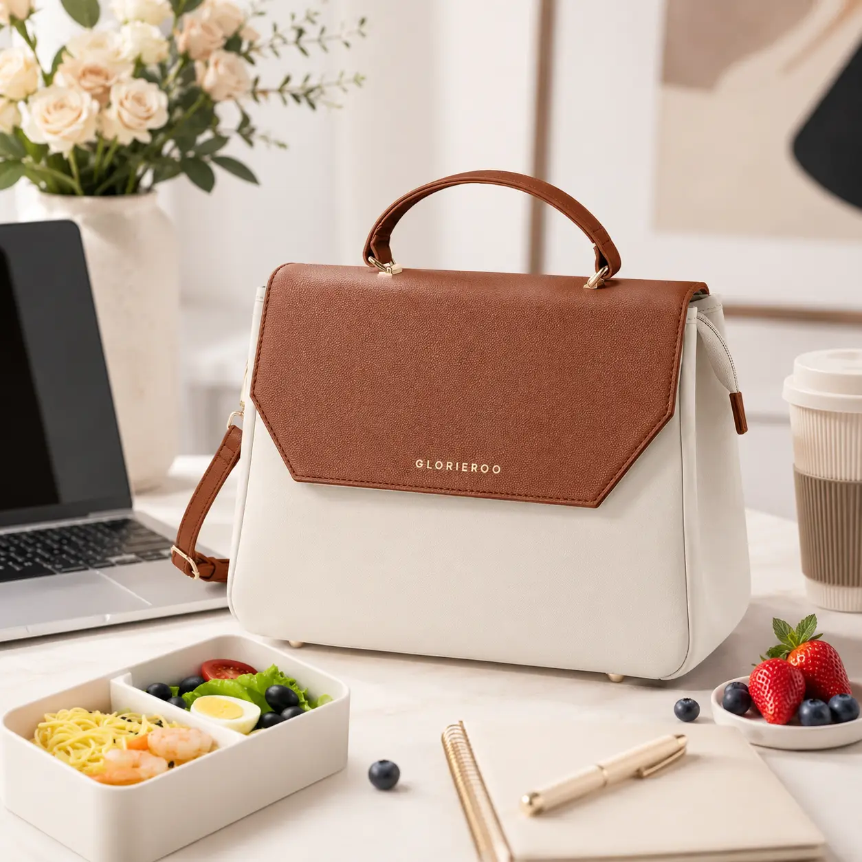 GLORIEROO Women's Insulated Lunch Bag Tote - Fashionable Vegan Leather, Removable Strap, Lunch Bags for Women Ideal for Work, Teacher Mothers Day Christmas Gifts