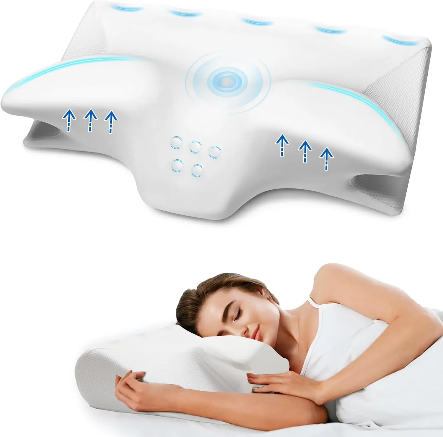 【Only 1 Gift Per Customer】Ergonomic Cervical Neck Pillow for Sleeping, Memory Foam Contour Pillow with Arm Support, Cooling Breathable Pillowcase, Adjustable Height for Side, Back & Stomach Sleepers