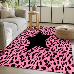 Pink leopard print with black star pattern, stylish and bold living room rug, easy to clean, suitable for hallway, living room 15-25 sqm, kitchen, bedroom 1.5m-1.8m single/double bed