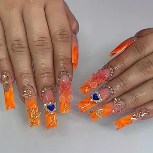 24 Pcs Gradient Long Square Nail Tips, 3D Candy Bear, Gold Butterfly, Blue Sapphire Heart, Glossy Gel False Nails, Reusable, Includes Jelly Glue & File