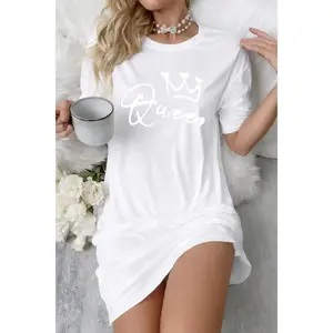 Queen Letter Print Nightdress for Women, White Short Sleeve Lounge Sleep Shirt, Soft Casual Sleepwear Homewear Dress