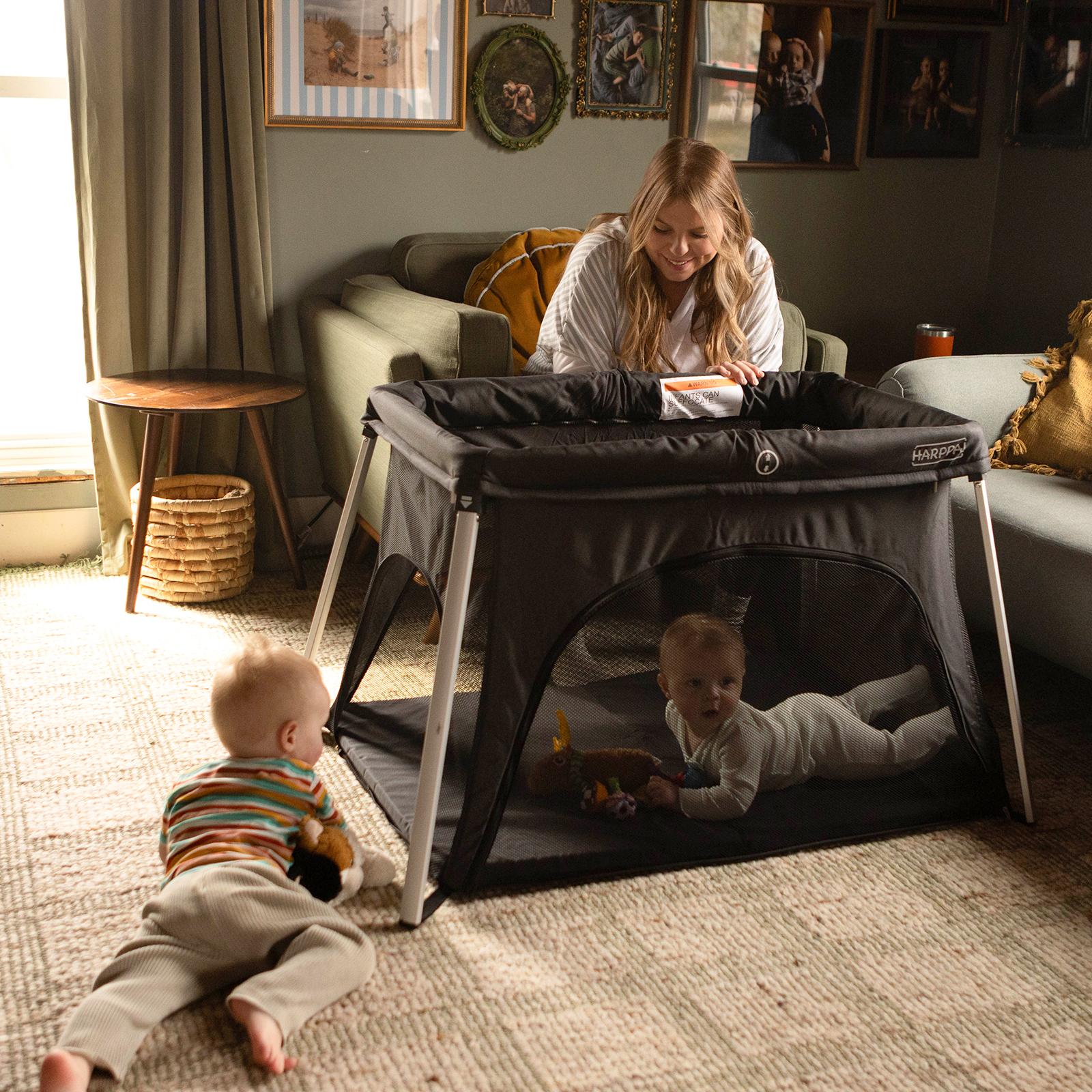 HARPPA Foldable Travel Crib & Playard, Portable Playpen with Mattress, Double Layers Bassinet for Baby & Toddlers, No Assembly Pack & Play Play Yard, Baby Items