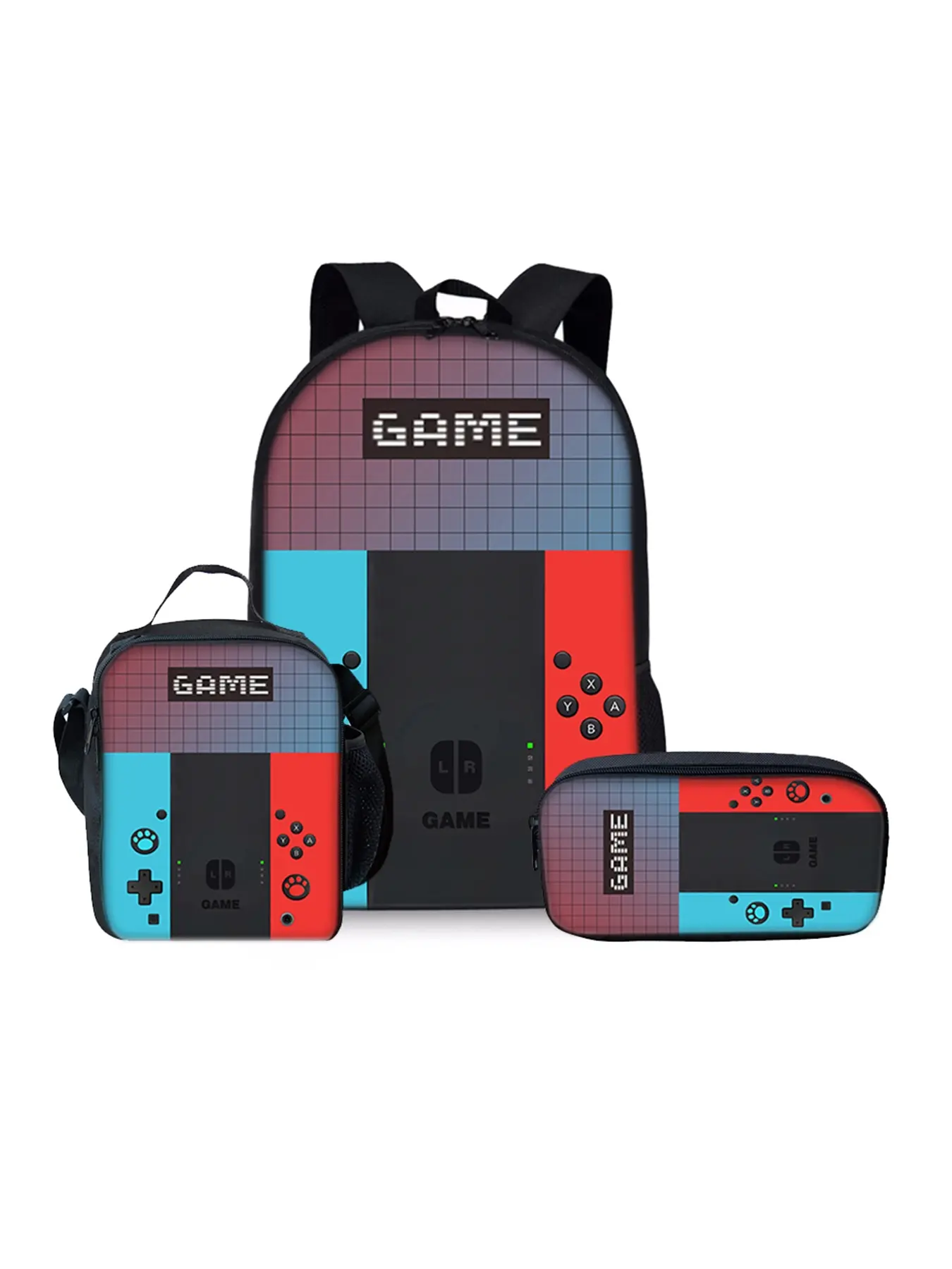 Game console pattern printed 17-inch backpack three-piece set (single-layer backpack + shoulder strap lunch bag + single-layer pencil case) Gamer Backpack Set