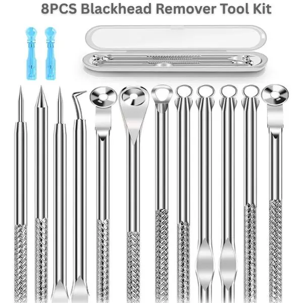 8PCS Blackhead Remover Tool Kit – Pimple Popper & Comedone Extractor Set, Acne Whitehead Blemish Removal Tools, Professional Stainless Steel Facial Cleaning Kit