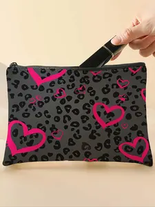 Leopard Heart Pattern Makeup Bag, Multi-functional Storage Bag, Cosmetic Pouch, Travel Makeup Bag, Suitable for Leisure Travel, Business Trips, Valentine's Day, Gift, Fashionable Versatile Purse