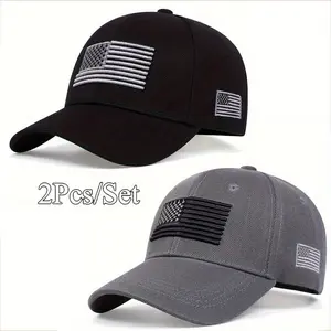 [Adjustable Vintage USA Flag Cap] 2pcs/ Set USA Flag Embroidery Baseball Cap Solid Color Vintage Sun Hat Adjustable Lightweight Dad Hats For Women Men