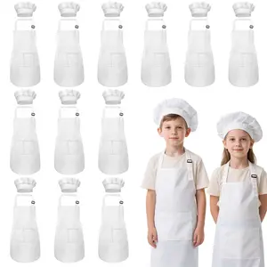 Kids Apron and Chef Hat Set, Boys Girls Kids Apron with 2 Pockets Adjustable for Cooking Classroom Baking Painting, Kitchen Cooking Aprons, 6-13 Years, White
