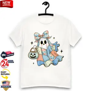 Retro Halloween Blue Denim Ghost T-Shirt Featuring Trendy Patchwork and Cute Boo Ghost Coquette Design for Fall Fans