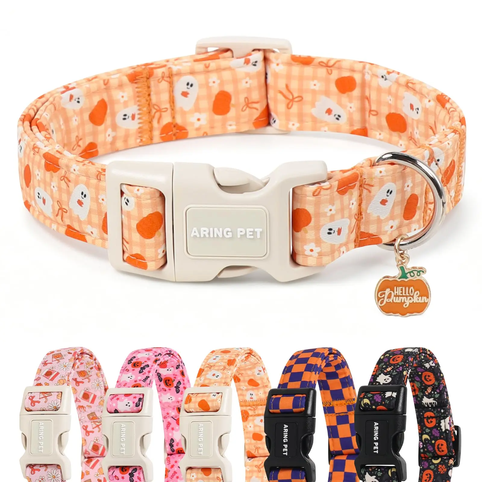 ARING PET Halloween Dog Collar – Cute Orange Gingham Pumpkin Ghost Design with Charm, Perfect for Puppy & Small Medium Large Giant Breed Boy Girl Dogs, Ideal for Parties, Seasonal Photoshoots, and Daily Wear (XS Size)