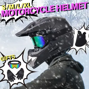 Motorcycle Matte Black Helmet with Goggles, Face Mask & Riding Gloves 4-in-1 Rider Protective Gear Package for Off-Road Motorcycle Mountain Bike