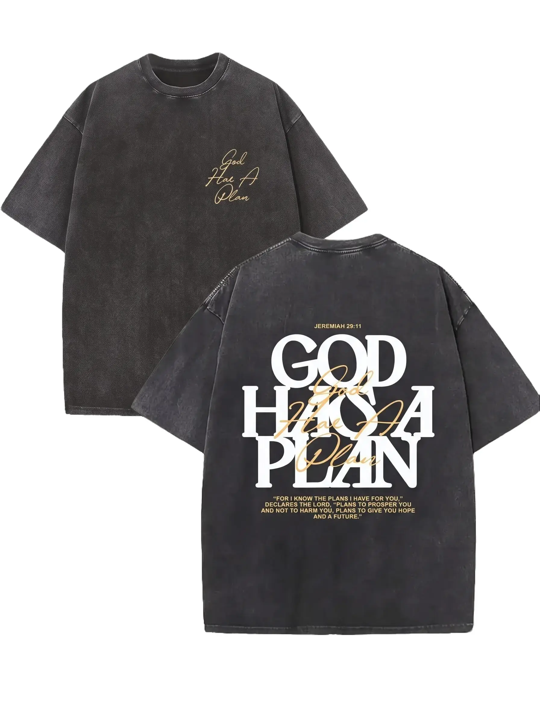 Men's Oversize Loose-Fitting Short-Sleeve Christian T-Shirt - Heavy Cotton Drape Fabric, Distressed Vintage Acid Wash, 'God Has a Plan' Boxy Streetwear, Round Neck, All Seasons Gym Pump Cover