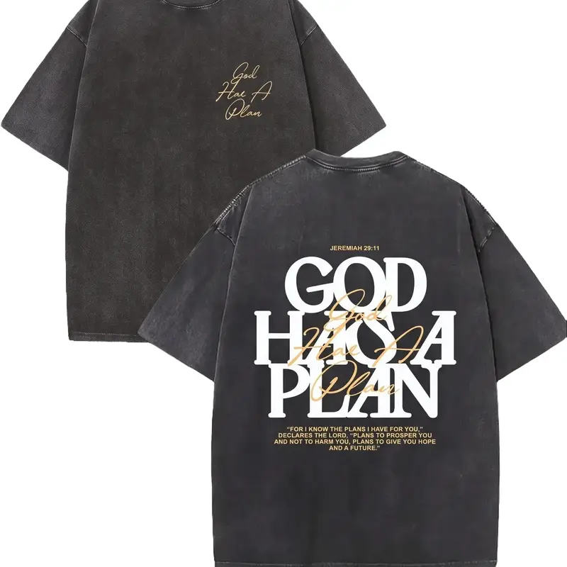 Men's Oversize Baggy Crewneck Tee - Heavyweight Cotton Cargo Menswear, Vintage Acid Wash Distressed 'God Has a Plan' Print, Round Neck Christian Streetwear Top, Gym Pump Cover, Casual Drape Sports Top