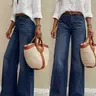 Women's Plus Size High Stretch Washed Denim Jeans, Loose Frayed Hem Design, Large Pockets, Fashionable All-Season Commuter Wear, No Belt Included