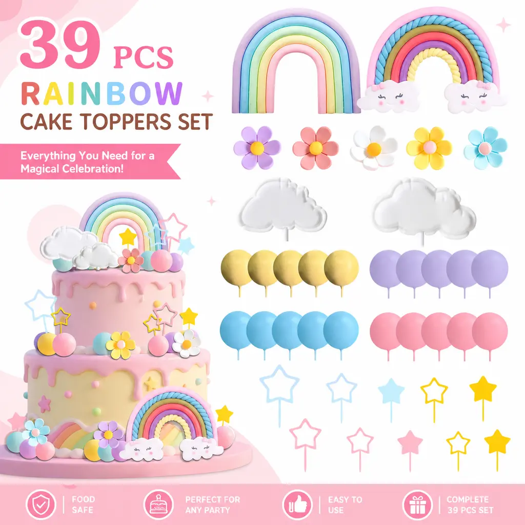 39 Pcs Rainbow Cake Topper – Pastel Color Ball Cake Decor, Rainbow Theme Party Supplies for Birthday, Baby Shower, Wedding – Cupcake Picks & Dessert Toppers