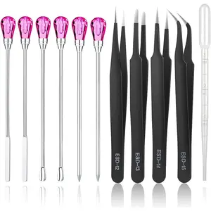 11 Pcs Silicone Resin Mold Tools Set Stirring Needle Spoon Tool Tweezers Precision Kit, Anti-Static Electronics Tweezers Set for Resin Art Crafts,Jewelry Making,DIY Epoxy Casting Molds(Rose Red)