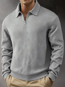 Men's Solid Color Checkered Jacquard Pullover Sweatshirt, Casual Long-Sleeved Zipper Knit Top, Autumn & Winter Outdoor Activity Hoodie