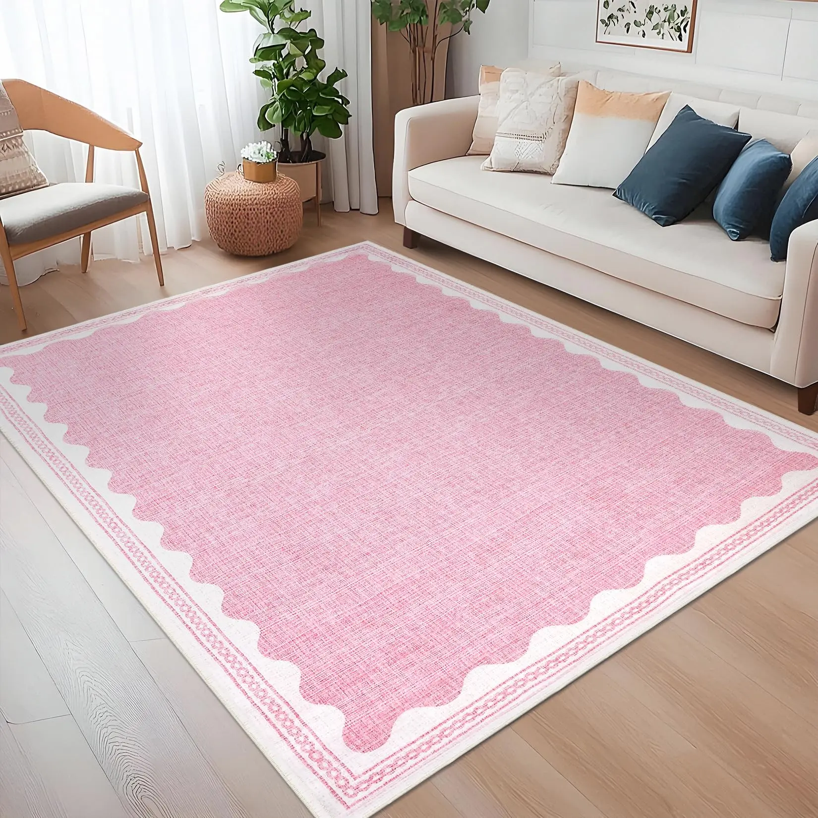 Garvee 5x7 Washable Living Room Rug Non Slip Rubber Backed Modern Rug Ultra Soft Non Shedding Lightweight Floor Cover Low Pile Stain Resistant Bordered Print Carpet for Bedroom, Nursery, Pink